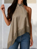 Women's Summer Solid Color Satin Halter Mock Neck Tops Sleeveless Tassel Hem Loose Fit Tank Tops