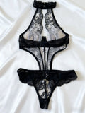 Toucheart Erotic Bodysuit Sexy Embroidered Underwire  Push-up Backless with Detachable Shoulder Straps See-through Halter Neck