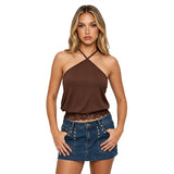 Women's Summer  Slim Fit Going Out Halter Tank Tops Lace Trim Hem Sleeveless Backless Vest