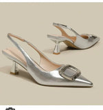 Brand Woman Slingback Shoes Fashion  Spring New Ladies High Heels Elegant Med Heel Pointed Toe Slip on Sandal Mules