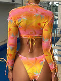 Printed Long Sleeve Bikini Women Swimwear Female Swimsuit Three-pieces Bikini Set Mini Micro Bather Bathing Suit Swim Beachwear
