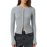 Autumn Winter Sweater Cardigan Women Solid Color Long Sleeve Round Neck Button Up Ribbed Knitwear Slim Coat