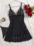 Transparent Lace Nightgown Sexy Sleepwear Female Exquisite Homewear V-neck Bra Thong Set Sleeveless Nightdress Hot Tulle Dress
