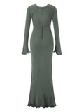 Women's Autumn Winter Knitted Bodycon Dress Long Sleeve Tie Backless Round Neck Solid Color Ruffle Trim Long Dress Beachwear
