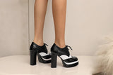Bright Patent Leather Patchwork White PU Lace Up High Heels with Breathable Lining, Wavy and Serrated Patterns, Sweet Pumps