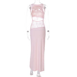 Woman's Elegant Sleeveless Lace Patchwork Evening Dress Black High Street O-neck Backless Hollow Out Slim Long Party Dresses
