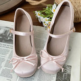 2025 spring cute sweet Bowknot Mary Janes for Women  vintage Silk Med Heels  pumps Ladies  Banquet Wedding Single Shoes Mujer