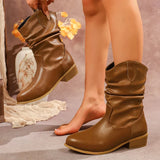 Brown Pu Leather Pleated Ankle Boots Women Plus Size 36-43 Thick Heeled Western Booties Mujer 2025 Slip On Cowboy Boots Woman