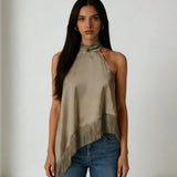 Women's Summer Solid Color Satin Halter Mock Neck Tops Sleeveless Tassel Hem Loose Fit Tank Tops