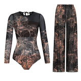 Colorful Printed Women One Piece Swimsuit Fashion Lady Long Sleeve Swimwear Retro Mujer Bodysuit with Pants Set Female Beachwear