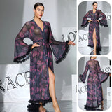 2026 New Women Elegant Butterfly Print Mesh Robe Big Flare Sleeve Lace Up Tassel Fringe High Slit Bathrobe Loungewear