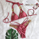 DEKA Solid Green Rhinestones Bikini Set Women Push Up Glitter Diamond Swimsuit Chain Metal Bathing Suit Luxury Thong Swimwear