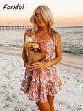V Neck Bowknot Floral Print Boho Summer New Dress for Women Adjustable Strap Lace Patchwork Sundress Beach Casual Short Dress