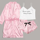 3PCS Women Pajama Suit Robe Fashion V-Neck Stretch Satin Silk Lace Sexy Lingerie Bowknot Pyjamas Sleep Shorts Set Sleepwear