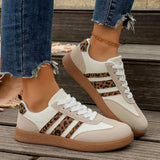 Plus Size 43 Leopard Print Flats Women Fashion Striped Lace Up Platform Sneakers Women Comfy Anti Slip Soft Sole Sport Shoes