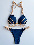 Patchwork Halter High Cut Knitted Bikini Women Swimwear Female Swimsuit Two-pieces Bikini Set Brazilian Bather Bathing Suit Swim