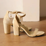 Beige Suede Ankle Strap Block Heel Sandals for Women, Round Open Toe with Rhinestone Accent, Multiple Colors Available