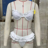 Women's Two Piece Bathing Suits Sleeveless Ruffle Trim Bra Low Waist Tiered Thong Sets Summer Solid Color Swimwear