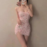 Women's Nightdress Cute Fitted Mini Nightgown Lace Trim Detail Spaghetti Straps Pink Cherry Print Dress Summer Sleepwear