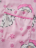Women Satin Christmas Pajamas Sets Long Sleeve Santa Claus Print Tops with Elastic Waist Pants Two Pieces Sleepwear