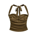 New Women's Fashion Sexy Backless Halter Neck Tie-up Ruched Tube Top Ultra-short Camisole Top In Solid Color Pure Desire F1MR