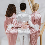 Combhasaki Women's Silk Satin Pajamas Set Feather Trim Cuff 2 Piece Loungewear Long Sleeve Button Down Shirt Pants Set Sleepwear