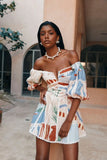 Women Vintage Print Patchwork Mini Dress Summer Sexy Fashion Elegant Short Sleeve Bodycon Off Shoulder Backless Party Dresses
