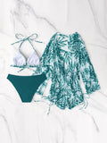 3 Pieces Bikini Tropical Print Swimsuit Halter Drawstring Side Swimwear Women 2026 Bathing Suit Female Swimming Summer Beachwear