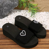 Shiny Heart Shape Rhinestone Black Slippers Women Fashion Elastic Band Platform Slides Female New Style Med Heel Slippers Female