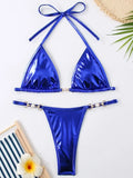 PU Leather Pearls Bikini Mini Micro Thong Bikinis Women Swimwear Female Swimsuit Two-piece Bikini Set Halter Bathing Suit Swim