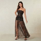 Women’s Tube Top Dress Bohemian Printed Strapless Mesh High Slit Long Dress Summer Evening Party Beach Sexy Club Dresses Summer