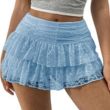 Women's Summer Solid Color Lace Floral Skirt High Rise Tiered Ruffled Flowy Short Mini A Line Skirts Streetwear