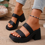 Women High Heels Sandals Fashion Weave Thick Heel Slippers Square Toe Summer Casual Ladies Slides Slip on Beach Sexy Shoes Woman