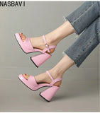 NASBAVI Women Patent Leather Sandals Super Chunky High Heeled Ankle Buckle Shoes Platform Summer Thick Heel Sandal Ladies 35-43
