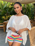 Women Summer Holiday Beach Sheer T-shirts Short Sleeve Tops Oblique Neck Solid Color See-through Irregular Party Clubwear