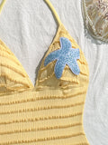 Sexy Holiday Swimwear Women 2026 Blue Sequin Starfish V Neck Hollow Out Backless Tummy Control Bathing Suit One Piece Swimsuit