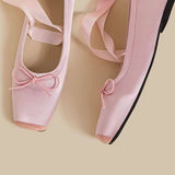 Balletcore Style Satin Lace-Up Flats for Women Black Ballerina Bow Detail Square Toe Ankle Wrap Ribbon Ballet Coquette Shoes