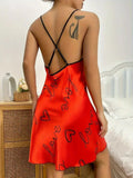 Valentine's Day Heart Printed Silk Satin Nightgowns for Women Sleepwear Sexy Nightdress Backless Nighties Lounge Wear