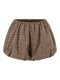 Womens Summer Bubble Shorts Elastic Waist Plaid Bloomers Loose Fit Casual Out Going Short Pants Streetwear
