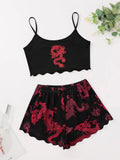 Summer Pajamas Set for Women Nightwear Sexy Dragon Printed Vest Halter Top Shorts Suit Homewear Sleepwear Loungewear