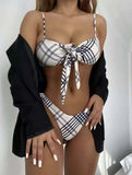 2026 New Vintage Plaid Print 2 Piece Swimsuit for Women Knot Lace-up Push Up Suspender Backless Bikini Set Beach Bathing Suit