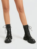 2026 New Big Size 45 Chic Black Lace Mesh Summer Boots Women Round Toe Square Heels Shoelace Zip-up Mid-calf Boots Shoes
