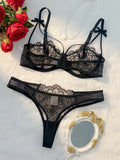 New 2-piece Women's Fashion Black Bra & Brief Sets Intimates Women's Comfortable Lightweight Bow Semi Transparent Lingerie Set
