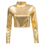 Women Metallic Long Sleeve Crop Tops Shiny Stretch Mock Neck T Shirt Dance Clubwear Ladies Slim Fit Blouses Gold Silver Costumes