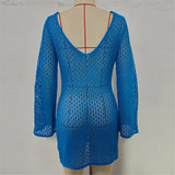 V Neck Long Sleeve Hollow Out Crochet Knitted Tunic Beach Cover Up Cover-ups Beach Dress Beach Wear Beachwear Female Women V7643