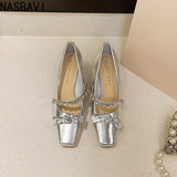 Women's High Heels Mary Janes Square Head Embellished with Water Diamonds Low Cut Knots Thick Heels Fashionable Party Shoes