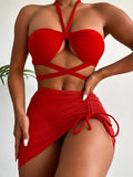 3 PCS Mesh Skirt Halter Wrap Around Bikini Female Swimsuit Women Swimwear Three-pieces Bikini Set Bathing Suit Swim Beachwear