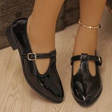 Fashion T Strap Pointed Toe Oxford Shoes Women Ankle Buckle Low Heel Pu Leather Shoes Woman Plus Size 43 Thick Sole Office Shoes
