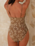 Leaves Printed Mesh Hollow Out Women Swimwear One Piece Swimsuit Female Monokini High Leg Cut Bather Slim Bathing Suit Swim Lady