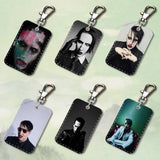 Singer M-Marilyn M-Manson Rectangle Card Case Keychain Access Card Bag Key Tag Ring Leather Card Holder Key Ring Access